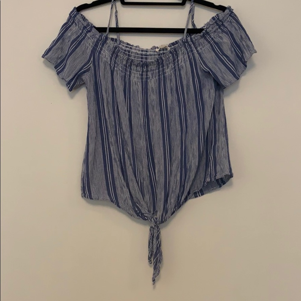Blue striped top with off shoulder sleeves